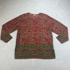 Pleat‎ Pleat Cardigan Sweater Womens 1X Pink Green Printed Long Sleeve Button-Up